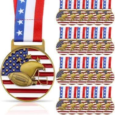 Imagem de Loetere 30 Medalhas Patrióticas de Futebol de Ouro, Troféu de Futebol em Massa com Fitas de Pescoço Medalhão Espiritual com Listras Estrelas Bandeira Americana para Participação em Troféus Esportivos