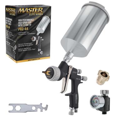 Imagem de Master Elite High Performance PRO-44 Series HVLP Spray Gun with 1.3mm Tip with Air Pressure Regulator Gauge - Ideal for Automotive Basecoats, Clearcoats - Advanced Atomization Technology
