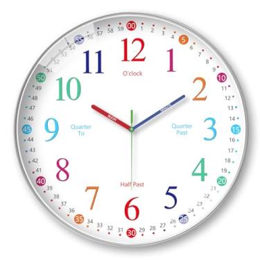 Imagem de wigmoa Relógio Telling Time - Relógio de parede bonito sem tique-taque - Relógio analógico silencioso para quarto - BA-3 (tipo E, 25 cm)