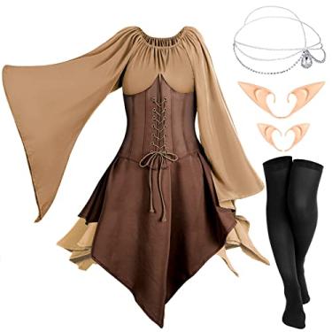 Imagem de Eurzom Conjunto de 5 peças de fantasia de fada medieval, vestido renascentista, meninas, elfo, cosplay, orelhas, acessórios, strass, enfeite de cabeça, Cáqui, café, M