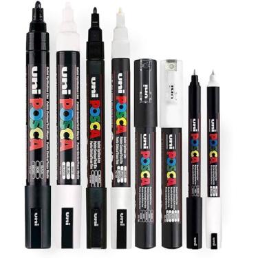 Imagem de POSCA Preto e branco - Conjunto fino a médio de 8 canetas PC-5M, PC-3M, PC-1M, PC-1MR
