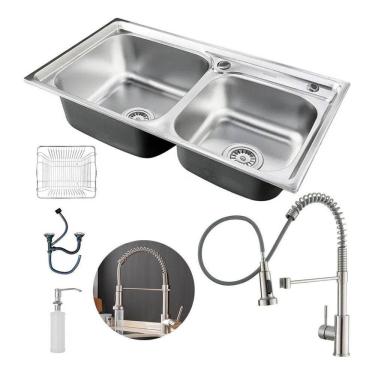 Imagem de Kit Cuba Dupla Cozinha Gourmet Aço Inox E Torneira Flexível