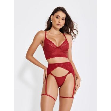 Imagem de Conjunto Lingerie Sexy Cropped Calcinha Sensual Cirre Renda - ALTIE, G