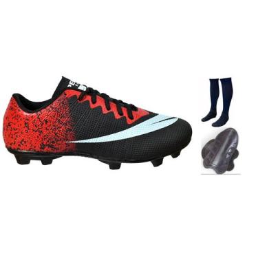 Imagem de Chuteira Campo Adulto Infantil com Meião Caneleira - Perflex, Preto ve