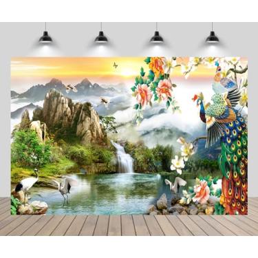 Imagem de CHNYWORK 2,1 x 1,5 m paisagem Fairyland cenário cachoeira pavão guindaste montanha nebulosa lago pôr do sol fundo pitoresco aniversário casamento lua de mel decoração de festa foto cabine de fotos