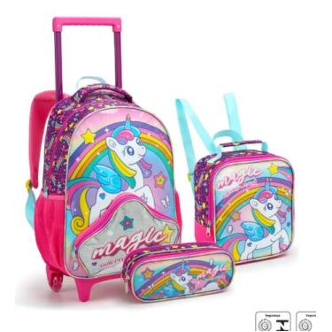 Imagem de Kit Mochila Escolar Rodinda + Lancheira+ Estojo Unicornio Infantil Men