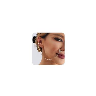 Imagem de Wiwpar Anéis de corrente de argola de nariz de coração dourado sem piercing com corrente de nariz a orelha, anel indiano falso de septo, joia corporal, brincos de nariz para mulheres (estilo 6), liga