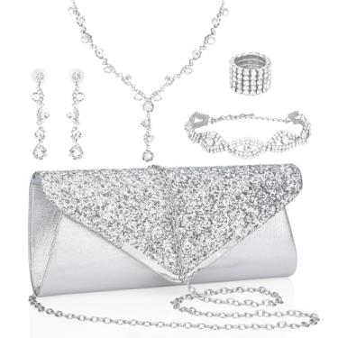 Imagem de Soleebee Conjunto de 5 peças de joias de strass para mulheres, colar de strass, pulseira, brincos, bolsa de embreagem brilhante, conjunto de joias para noivas, formatura e noite, One Size, Poliéster
