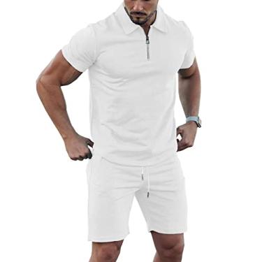 Imagem de URRU Mens Manga Curta Casual Camisa Polo e Shorts Define Duas Peças Roupas de Verão Conjunto de Treino para Homem Branco Xxl