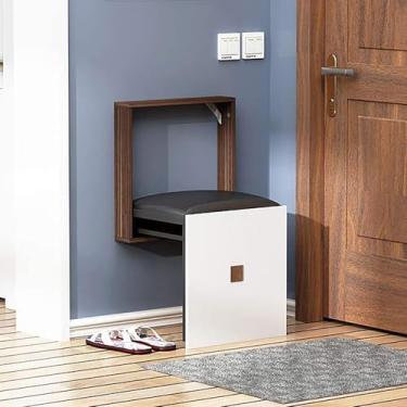 Imagem de Banco de chuveiro para entrada de corredor, cadeira dobrável de entrada para economia de espaço, banco de sapateira com almofada de couro, banco dobrável de madeira montado na parede, nogueira, 39,5 x