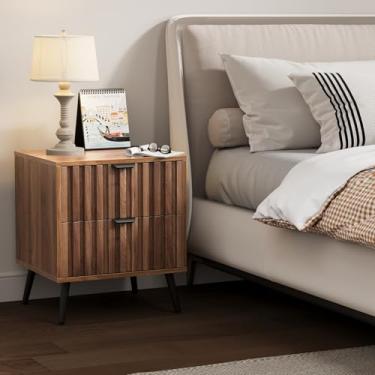 Imagem de Criado-mudo, mesa de cabeceira moderna de meados do século, mesa de cabeceira com gaveta de ripas sem costura, mesas de canto para quarto com pernas de metal, mesa de cabeceira para quarto