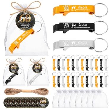 Imagem de 60 conjuntos 60º abridor de garrafas de cerveja chaveiro a granel lembrancinhas de festa de aniversário de 60 anos para convidados adultos, 60º abridor de garrafas de ouro preto personalizado com