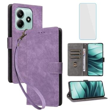 Imagem de IUQXU Capa carteira para celular Xiaomi Redmi Note 14 5G com protetor de tela [bloqueio RFID] couro flip suporte para cartão alça suporte mulheres homens capa de celular para Redmi Note14 5G roxo