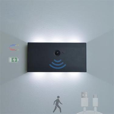Imagem de Luminária de parede interna LED sem fio com sensor de movimento, arandelas de parede, recarregável por USB, alimentada por bateria, iluminação noturna magnética para loft, escada, sala de es
