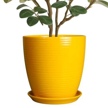 Imagem de EPFamily Vaso de plantas de 25,4 cm - Vaso de cerâmica para plantas ao ar livre para plantas de interior, vaso grande com orifício de drenagem e pires, vaso de flores redondo para casa, pátio,