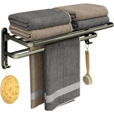 Imagem de Porta Tolhas Duplo Suporte Para Banheiro Dobrável Prateleiras Resistentes Multiuso Alumínio