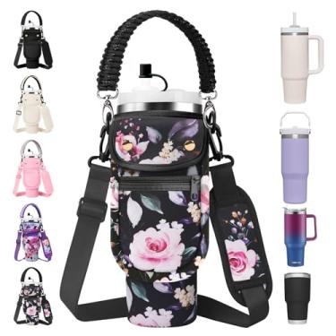 Imagem de AceTreker 30 Suporte para garrafa de água de 1,134 g para copo Stanley com alça, bolsa de transporte de caneca de café a vácuo de neoprene com alça de paracord, 2 bolsos, capa de canudo para carro,