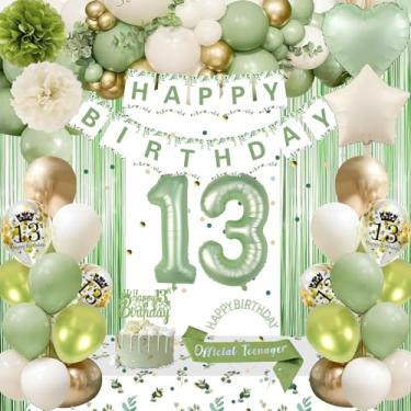 Imagem de Decorações de aniversário de 13 anos - Faixa feliz de ouro verde sálvia, cortina de franja, toalha de mesa, faixa, coroa, balões número 13 para meninas, meninos e adolescentes