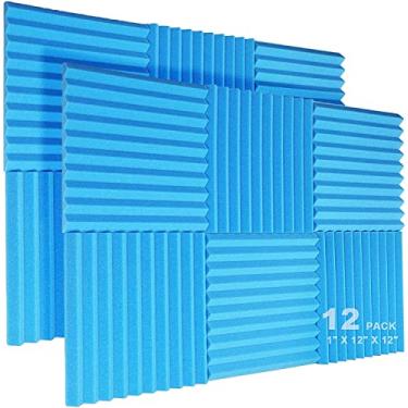 Imagem de JBER Pacote com 12 painéis de espuma acústica, 2,54 cm x 30,48 cm x 30,48 cm, cunha à prova de som de estúdio, resistente a fogo, espuma de tratamento acústico (azul)