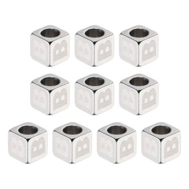 Imagem de HARFINGTON 10 peças de contas de aço inoxidável letra do alfabeto letra B cubo prata metálico grande quadrado contas de dados de metal para joias, pulseiras, colares e brincos