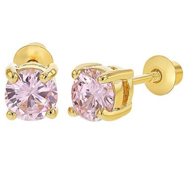 Imagem de Brincos de zircônia cúbica rosa banhados a ouro para bebês, crianças pequenas e meninas de 5 mm - Brincos de zircônia cúbica rosa cintilante para crianças para uso diário, Cristal, Zircônia cúbica
