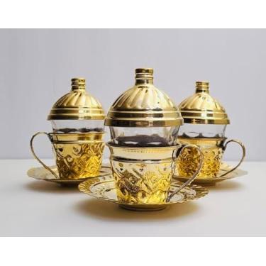 Imagem de HAMSH Copos de café de cobre, caneca de café de vidro com base e alças de latão, tampa de cobre, feita à mão, feita no Egito (pacote com 3)