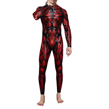 Imagem de Foksikely Macacão masculino engraçado de Halloween, estampa de esqueleto, cosplay, preto e vermelho, pequeno