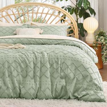 Imagem de Capa de edredom Bedsure Boho Queen Size com 2 fronhas verde sálvia