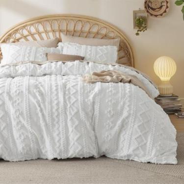 Imagem de Capa de edredon Bedsure Boho Queen Size com bordado branco