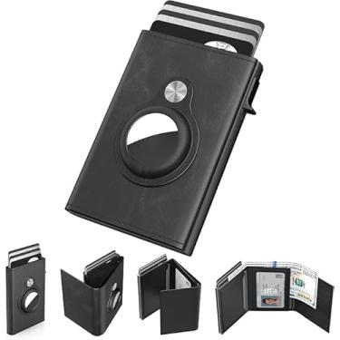 Imagem de Carteira de couro masculina com suporte AirTag, porta-cartão fino com três dobras, preta, Preto, Três dobras