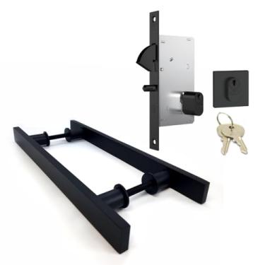 Imagem de Kit Puxador Porta Correr Madeira 60cm Preto Duplo Alumínio + Fechadura Stam Bico Papagaio Roseta Quadrada Porta Correr