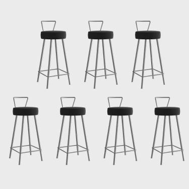 Imagem de Kit 07 Banqueta Alta Com Encosto Tais Eiffel Cozinha Bar Bistrô Ferro Prata Suede Preto - Ahz Móveis