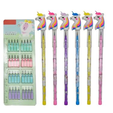 Imagem de Lopenle 12 lápis adoráveis de unicórnio, cavalo voador, empilháveis, com 64 refis substituíveis para escola, crianças, estudantes, escritório, usando suprimentos.