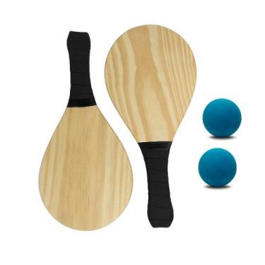 Imagem de Kit 2 Raquete Madeira Frescobol Praia e 2 Bolas Borracha - Delverano