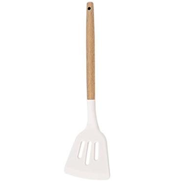 Imagem de BRIIEC 1 espátula de silicone branco com cabo de madeira, utensílios de cozinha resistentes ao calor, utensílios de cozinha ideais para fritar peixes, ovos, carne, batatas fritas