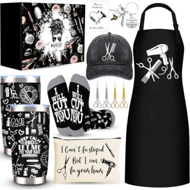 Imagem de JTAMOHI Conjunto de presentes de cabeleireiro para mulheres, presente de apreciação de cabeleireiro inclui chapéu de copo de 590 ml, avental de cabeleireiro, meias, bolsa de maquiagem, chaveiro