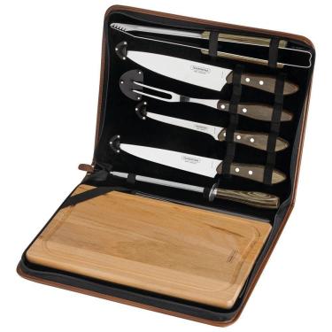 Imagem de Kit Para Churrasco Tramontina Em Aço Inox Cabo Castanho Polywood Com Tábua E Estojo 8 Peças