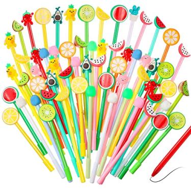 Imagem de 48 peças de canetas divertidas pretas de tinta de gel, canetas legais para meninas, canetas de escrita divertidas para crianças, professores, escola, escritório, papelaria, dia dos namorados, estilos sortidos (frutas coloridas)