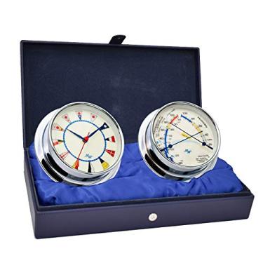 Imagem de MASTER-MARINER Coleção American Voyager, conjunto de presente de cabine náutica, relógio de 14,6 cm de diâmetro e instrumentos de medidor de conforto, acabamento cromado, mostrador de bandeira de
