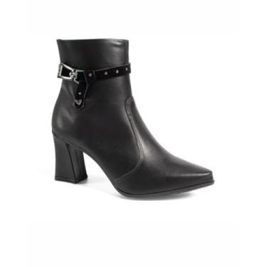 Imagem de Bota Mississipi Feminina Cano Curto Preta, Salto Bloco 8cm, Fivela Metalizada, Zíper Lateral (Preto, BR, Adulto, Numérico, 36)