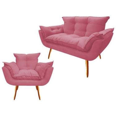 Imagem de Kit Namoradeira + Poltrona Decorativa Opala Suede Rosa Pés Madeira Mz 