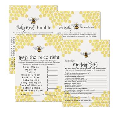 Imagem de Pacote de jogo de chá de bebê Bumblebee para 25 convidados, inclui Who Knows Mommy, Word Scramble, Baby Name Game, Price Guessing Activity Set Mama Bee Gênero Revelador Amarelo (5 x 7 Cartas) Paper Clever Party
