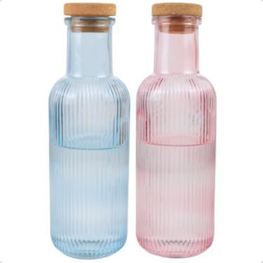Imagem de Kit 2 Garrafas de Vidro Canelado para Água Suco 1 Litro Colorida Grace com Tampa Rolha (Azul e Rosa)