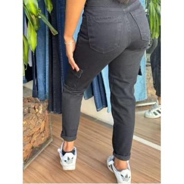 Imagem de Calça Jeans Mom Cargo Preta Cintura Alta - Melange Jeans, 42