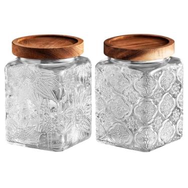 Imagem de Jueison Pote De Vidro Com Tampa, Potes Armazenamento Vintage, Tampa Hermética, Recipiente Para Café, Açúcar Balcão Cozinha, Despensa, Farinha, Doces, Chá, Feijão, Aveia (Begônia Girassol Quadrada)