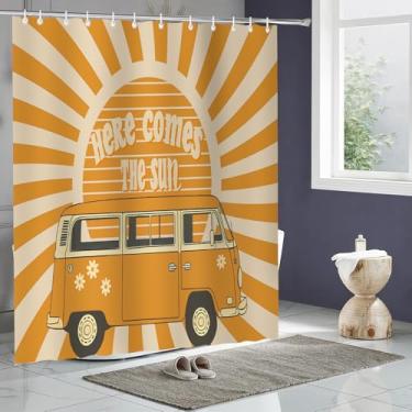 Imagem de Cortina de chuveiro Here Comes The Sun 72x182 polegadas Boho vintage floral ônibus retrô hippie laranja sol sol reversível para casa sala de estar tecido cortina de banheiro meninas para mulheres