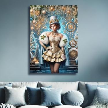 Imagem de PUREVACY Arte de parede de princesa steampunk de inverno. Arte em tela para sala de estar, quarto ou escritório. Arte dourada e azul para estilo acima da cama tamanho vertical 50 x 60 cm / 20 x 24 ″
