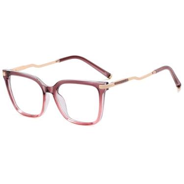 Imagem de Tr90 Óculos quadrados antirluz azul feminino lente transparente retrô armação de óculos de metal, Cinza, roxo, rosa