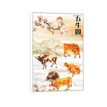 Imagem de BMZFYBS Imagens de paisagem-Chinoiserie pintura de parede em tela - Flores Cinco bois - Pôster de natureza impressões em moldura branca para decoração de sala de estar 80 x 120 cm 31 x 47 pol