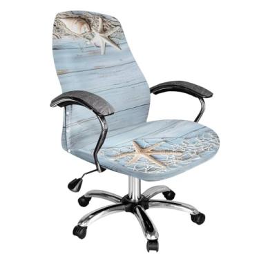 Imagem de Talayituse Capa de cadeira de escritório com estampa de concha de estrela do mar, capa de cadeira de escritório extensível, jacquard, espessa, xadrez, encosto alto, capa de assento de escritório